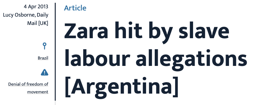 New article with a title "Zara hit by slave labour allegations"