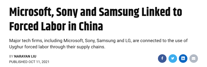 New article with a title "Microsoft, Sony and Samsung linked to forced labor in China"