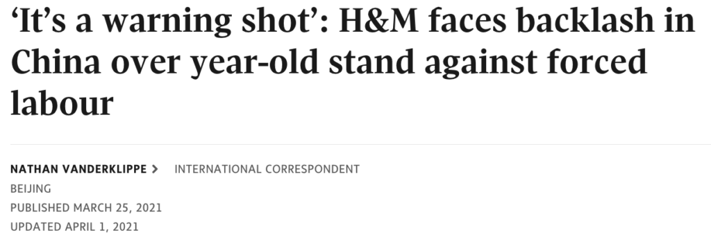 New article with a title "It's a warning shot: H&M faces backlash in China over year-old stand against forced labour"