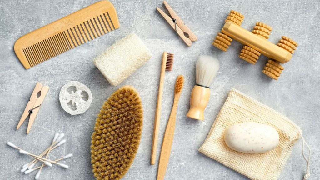 Different bamboo products like a toothbrush, comb, pegs, cotton swab etc. 